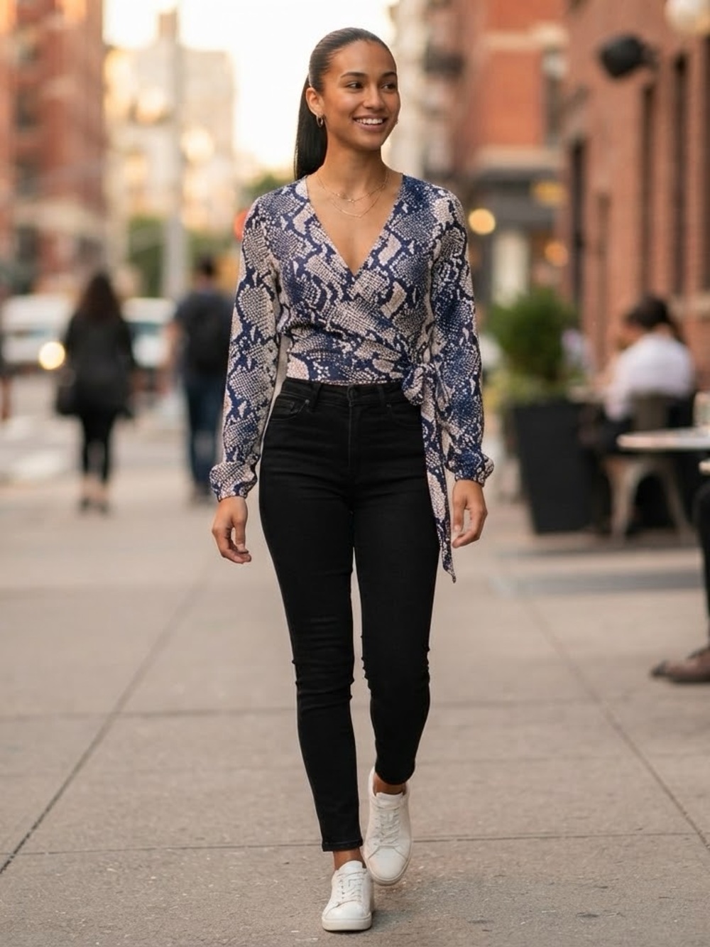 Navy & Cream Snake Print Wrap Top, Size M โ Long Sleeve, Tie Waist